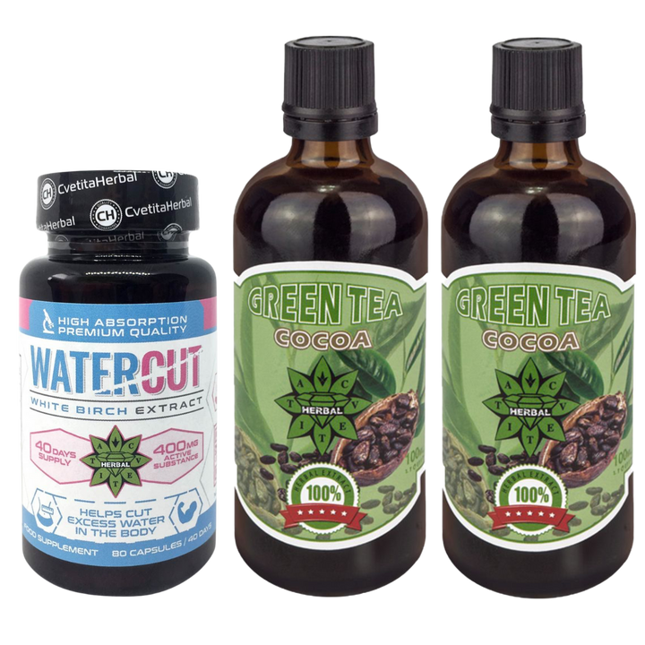 PACK COMBO: Té Verde con Cacao 100 ml + Water Cut (Extracto de abedul blanco) 80 cáps.