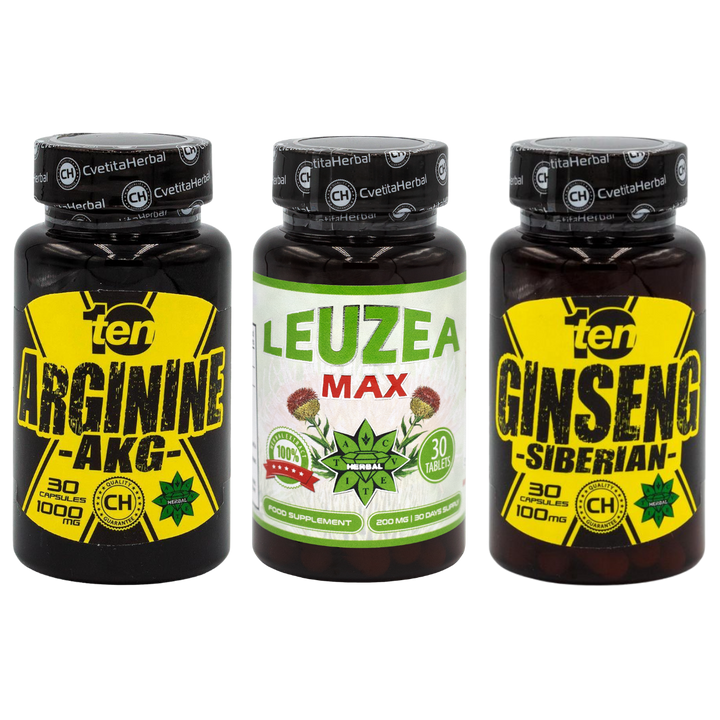 PACK COMBO: Leuzea 30 comp. + TEN Arginina 40 comp. + TEN Ginseng Siberiano 30 comp.