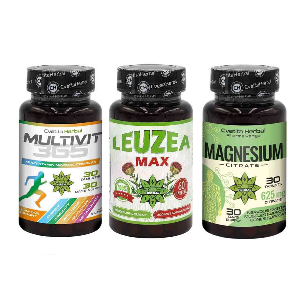 PACK COMBO REFUERZA LA INMUNIDAD - LEUZEA MAX 60 COMP. + MULTIVIT 365 + MAGNESIO 30 COMP.