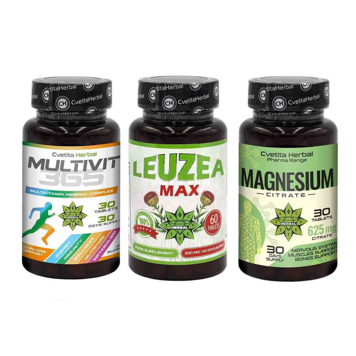 PACK COMBO REFUERZA LA INMUNIDAD - LEUZEA MAX 60 COMP. + MULTIVIT 365 + MAGNESIO 30 COMP.