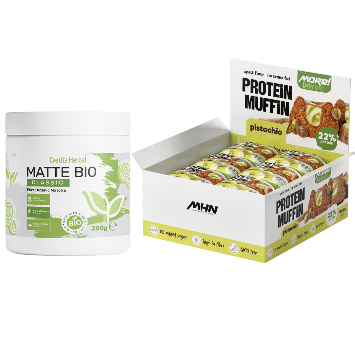 Matte Bio (BIO MATCHA LATTE) + Caja de muffins proteicos sabor pistacho MHN