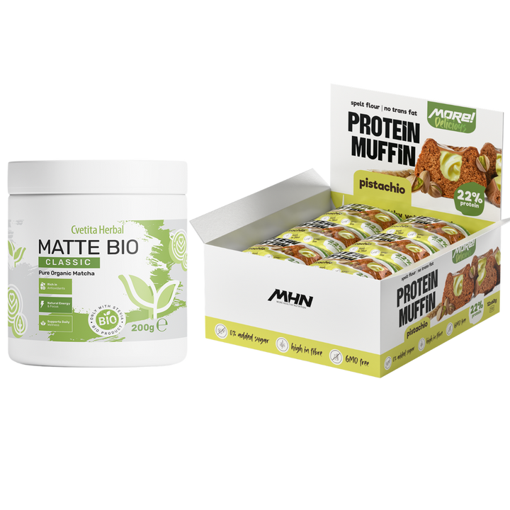 Matte Bio (BIO MATCHA LATTE) + Caja de muffins proteicos sabor pistacho MHN